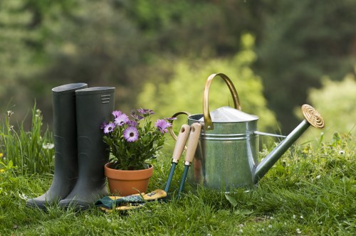 A garden scene featuring a neatly maintained lawn area with lush green grass, bordered by a variety of garden tools and accessories. In the foreground, there are black rubber boots placed beside a small terracotta pot filled with blooming purple and white flowers, adding color to the scene. Adjacent to these, a pair of pruning shears and a hand rake rest on the grass. A silver metal watering can with a curved spout and a round handle is positioned next to a pair of beige-handled garden secateurs. Behind the tools, a wooden-handled garden fork leans against the watering can. The background reveals a blurred view of trees and bushes, indicating a well-kept outdoor space typical of a residential garden in West Ham, with natural daylight suggesting a bright, slightly overcast day. The scene emphasizes lawn and garden care, reflecting professional gardening and landscaping maintenance often offered by Gardening Services West Ham, with a focus on neatness, plant care, and outdoor orderliness typical of a garden prepared for seasonal growth or general upkeep.