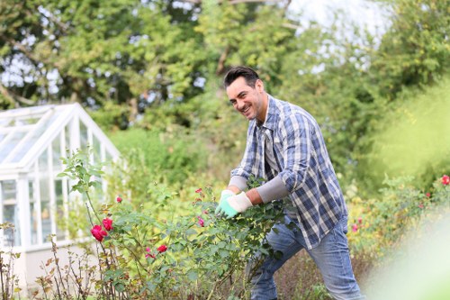 A man with dark hair, wearing a blue checkered shirt, jeans, and green gardening gloves, is tending to a flowering rose bush in a well-maintained backyard garden. The garden features a neatly mown green lawn in the foreground, bordered by flower beds with blooming pink and red roses. Behind the man, there are lush green trees and shrubs, providing a natural backdrop. To the left, a white wooden greenhouse structure is partially visible, indicating garden cultivation activities. The scene is set outdoors on a bright day with natural sunlight illuminating the vibrant plant colours and the greenery surrounding him. This setting reflects professional gardening or landscaping work, typical of services offered by Gardening Services West Ham in the local area, enhancing outdoor spaces for residential properties.