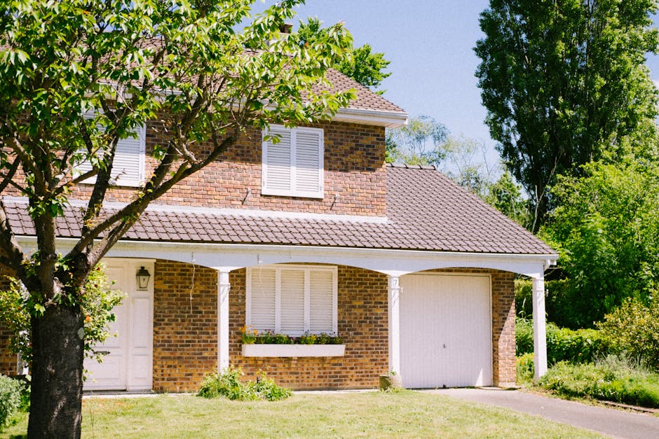 A neatly trimmed lawn with lush green grass surrounds a small yard, featuring a wooden fence in the background. In the foreground, a red and white 'House For Rent' sign is embedded into the grass, ind